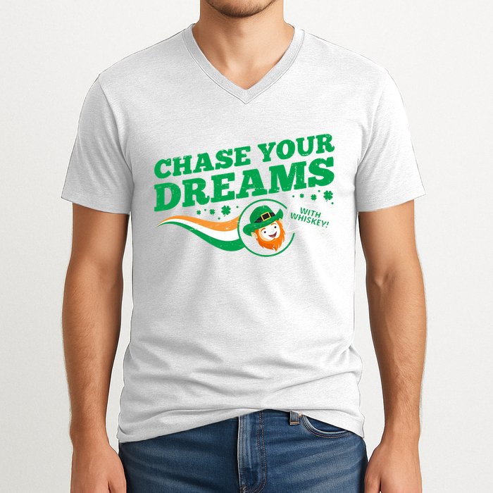 Chase Your Dreams With Whisky Leprechaun V-Neck T-Shirt
