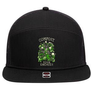 Compost Your Enemies Funny Gardening Goth Skeleton Gardener 7 Panel Mesh Trucker Snapback Hat