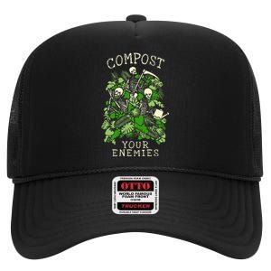 Compost Your Enemies Funny Gardening Goth Skeleton Gardener High Crown Mesh Back Trucker Hat