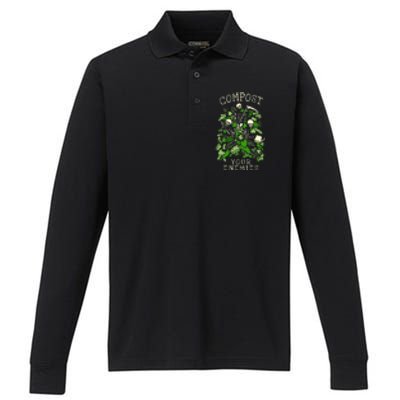 Compost Your Enemies Funny Gardening Goth Skeleton Gardener Performance Long Sleeve Polo