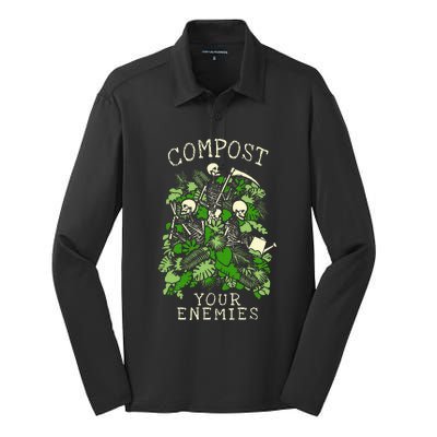 Compost Your Enemies Funny Gardening Goth Skeleton Gardener Silk Touch Performance Long Sleeve Polo