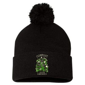 Compost Your Enemies Funny Gardening Goth Skeleton Gardener Pom Pom 12in Knit Beanie