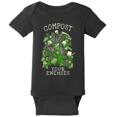 Compost Your Enemies Funny Gardening Goth Skeleton Gardener Baby Bodysuit