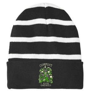 Compost Your Enemies Funny Gardening Goth Skeleton Gardener Striped Beanie with Solid Band