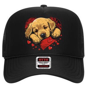 Cute Yellow Labrador Retriever Dog Art Golden Retriever High Crown Mesh Back Trucker Hat