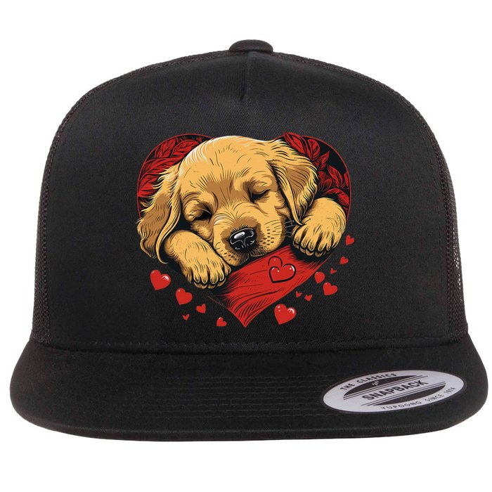 Cute Yellow Labrador Retriever Dog Art Golden Retriever Flat Bill Trucker Hat