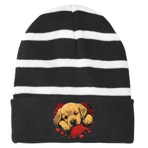 Cute Yellow Labrador Retriever Dog Art Golden Retriever Striped Beanie with Solid Band