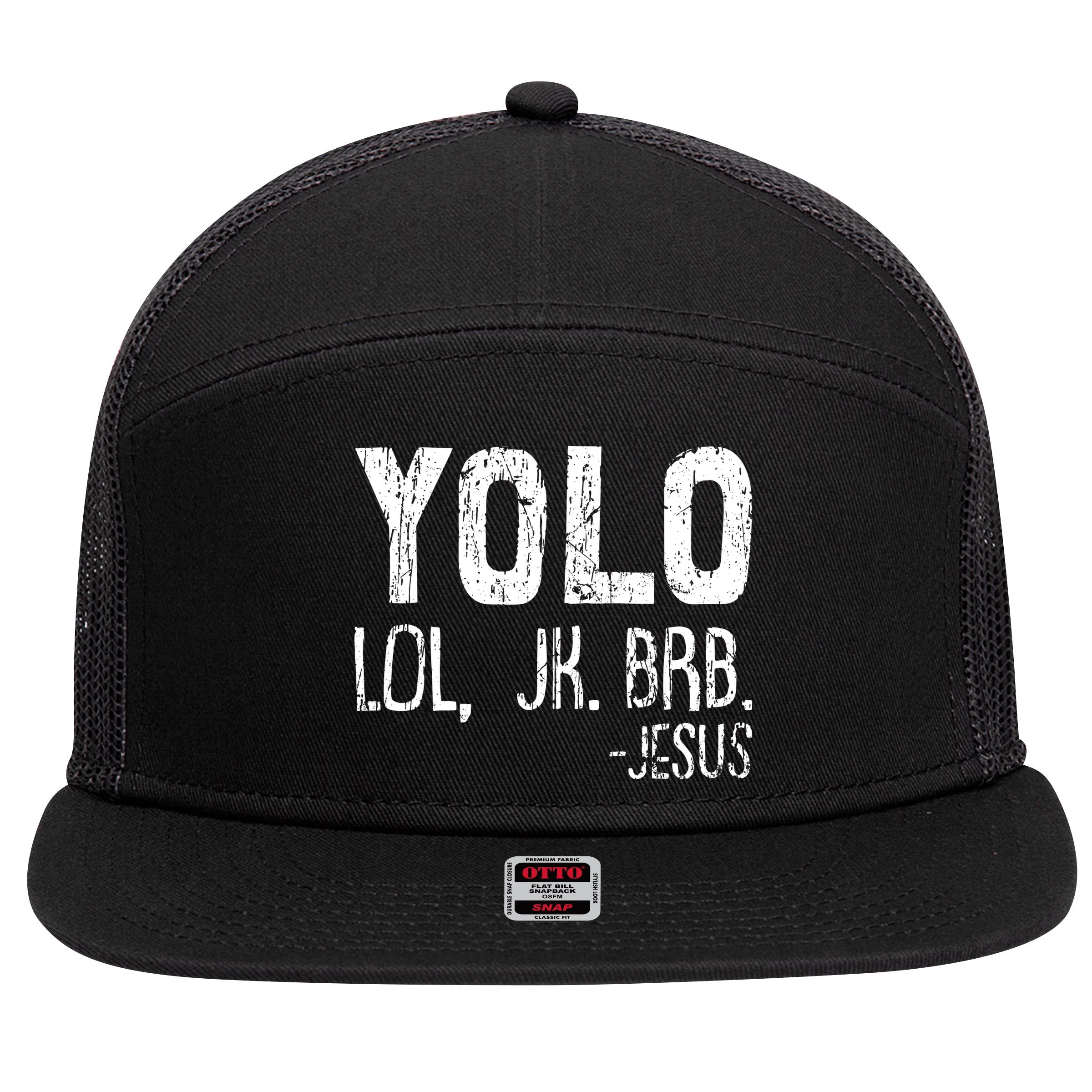 Christian Yolo Lol Jk Brb Jesus Christmas XMas Religious 7 Panel Mesh Trucker Snapback Hat