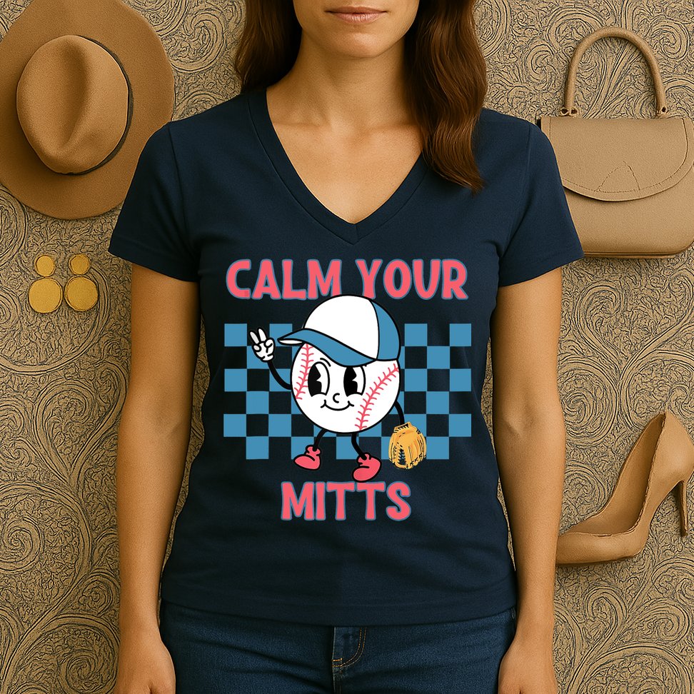 Calm Your Mitts Baseball Player Baseball Game Sports Lover Women's V-Neck T-Shirt
