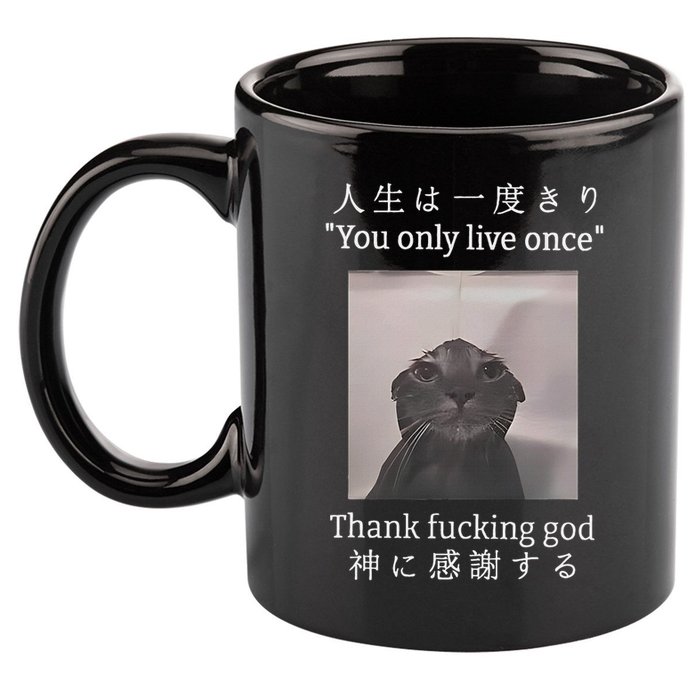 Cat You Only Live Once Thank Fucking God Japanese 11oz C Handle Ceramic Mug