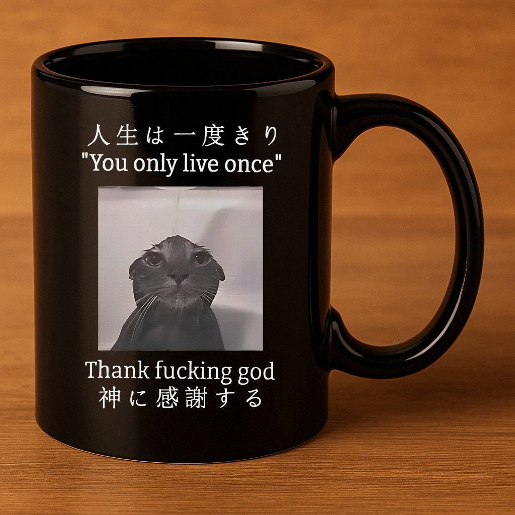 Cat You Only Live Once Thank Fucking God Japanese 11oz C Handle Ceramic Mug