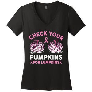 Check Your Pumpkins Breast Cancer Awareness Halloween Women Gift Women's V-Neck T-Shirt