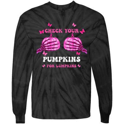 Check Your Pumpkins Breast Cancer Awareness Halloween Tie-Dye Long Sleeve Shirt