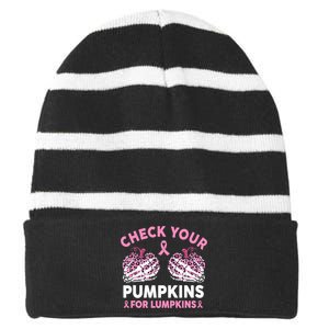 Check Your Pumpkins Breast Cancer Awareness Halloween Women Striped Beanie with Solid Band