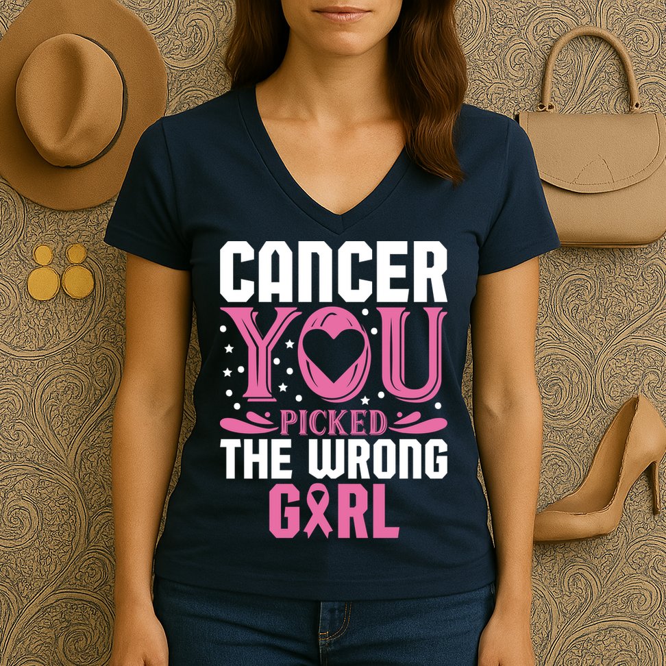 Cancer You Picked The Wrong Girl Breast Cancer Awareness Women's V-Neck T-Shirt