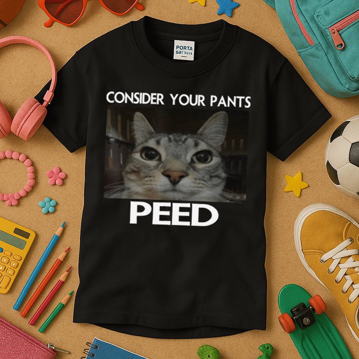 Consider Your Pants Peed Cat Funny Silly Cat Meme Kids T-Shirt