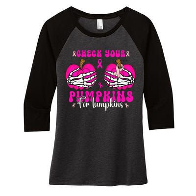 Check Your Pumpkins Breast Cancer Awareness Halloween Women's Tri-Blend 3/4-Sleeve Raglan Shirt