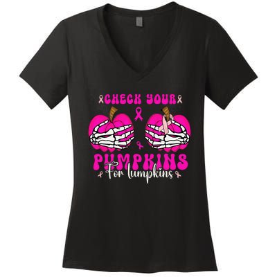 Check Your Pumpkins Breast Cancer Awareness Halloween Women's V-Neck T-Shirt