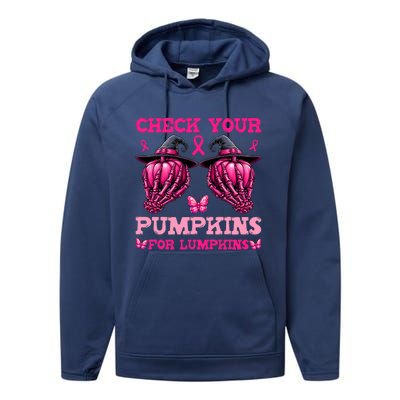 Check Your Pumpkins Breast Cancer For Lumpkins Skeleton Hand Performance Fleece Hoodie