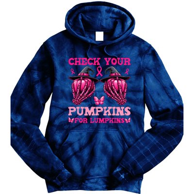 Check Your Pumpkins Breast Cancer For Lumpkins Skeleton Hand Tie Dye Hoodie