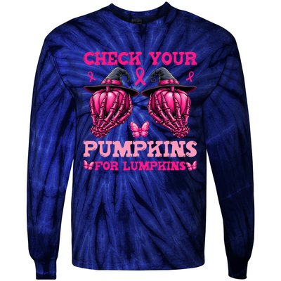 Check Your Pumpkins Breast Cancer For Lumpkins Skeleton Hand Tie-Dye Long Sleeve Shirt