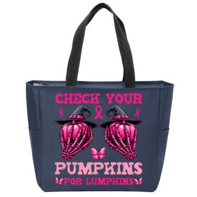 Check Your Pumpkins Breast Cancer For Lumpkins Skeleton Hand Zip Tote Bag