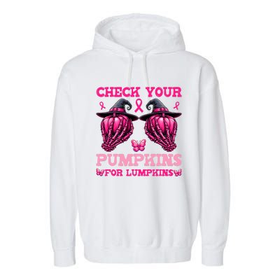 Check Your Pumpkins Breast Cancer For Lumpkins Skeleton Hand Garment-Dyed Fleece Hoodie