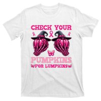 Check Your Pumpkins Breast Cancer For Lumpkins Skeleton Hand T-Shirt