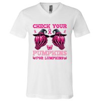 Check Your Pumpkins Breast Cancer For Lumpkins Skeleton Hand V-Neck T-Shirt