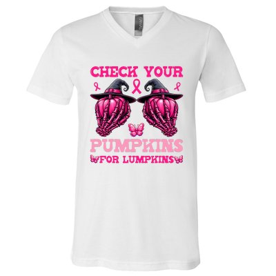 Check Your Pumpkins Breast Cancer For Lumpkins Skeleton Hand V-Neck T-Shirt