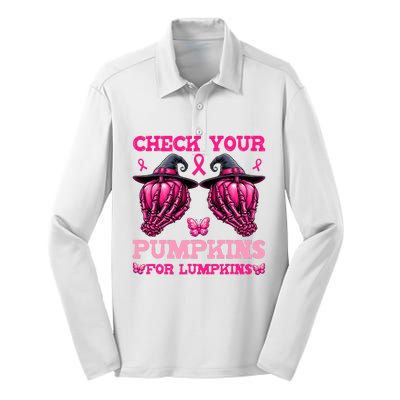 Check Your Pumpkins Breast Cancer For Lumpkins Skeleton Hand Silk Touch Performance Long Sleeve Polo