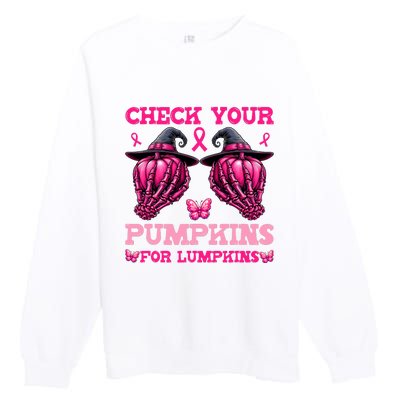 Check Your Pumpkins Breast Cancer For Lumpkins Skeleton Hand Premium Crewneck Sweatshirt