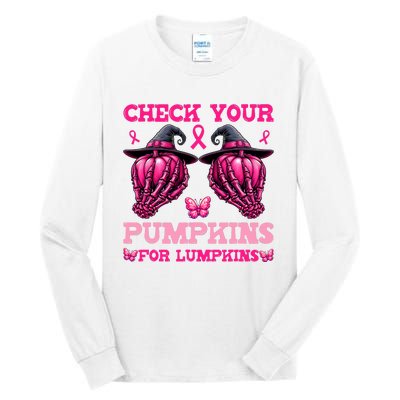 Check Your Pumpkins Breast Cancer For Lumpkins Skeleton Hand Tall Long Sleeve T-Shirt