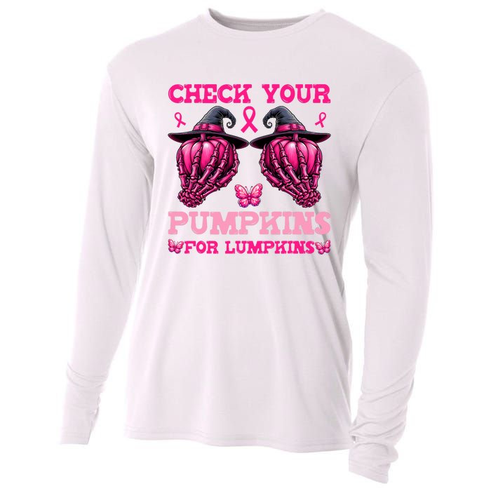 Check Your Pumpkins Breast Cancer For Lumpkins Skeleton Hand Cooling Performance Long Sleeve Crew