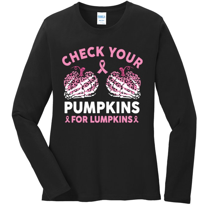 Check Your Pumpkins Breast Cancer Awareness Halloween Women Ladies Long Sleeve Shirt