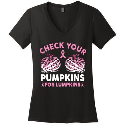 Check Your Pumpkins Breast Cancer Awareness Halloween Women Women's V-Neck T-Shirt