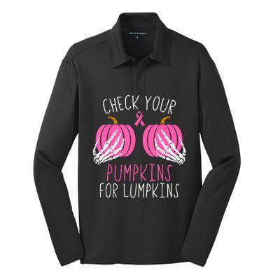 Check Your Pumpkins Breast Cancer Awareness Silk Touch Performance Long Sleeve Polo