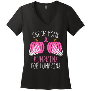 Check Your Pumpkins Breast Cancer Awareness Women's V-Neck T-Shirt