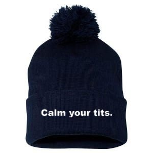 Calm Your Tits Joke Pom Pom 12in Knit Beanie