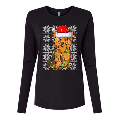 Cute Yorkshire Terrier Christmas Lights Santa Hat Ugly Xmas Cute Gift Womens Cotton Relaxed Long Sleeve T-Shirt