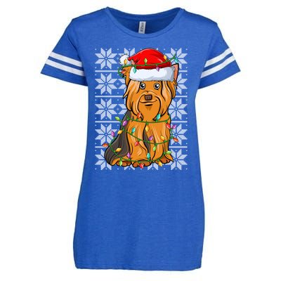 Cute Yorkshire Terrier Christmas Lights Santa Hat Ugly Xmas Cute Gift Enza Ladies Jersey Football T-Shirt