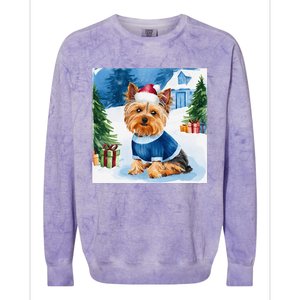 Christmas Yorkshire Terrier Dog Santa Hat In Xmas Snow Colorblast Crewneck Sweatshirt