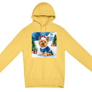 Christmas Yorkshire Terrier Dog Santa Hat In Xmas Snow Premium Pullover Hoodie