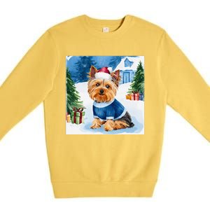 Christmas Yorkshire Terrier Dog Santa Hat In Xmas Snow Premium Crewneck Sweatshirt