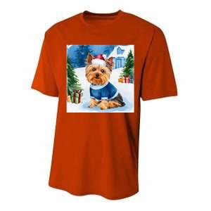 Christmas Yorkshire Terrier Dog Santa Hat In Xmas Snow Performance Sprint T-Shirt