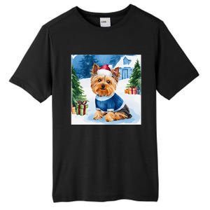 Christmas Yorkshire Terrier Dog Santa Hat In Xmas Snow Tall Fusion ChromaSoft Performance T-Shirt