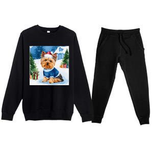 Christmas Yorkshire Terrier Dog Santa Hat In Xmas Snow Premium Crewneck Sweatsuit Set