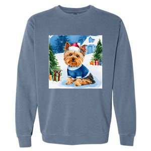 Christmas Yorkshire Terrier Dog Santa Hat In Xmas Snow Garment-Dyed Sweatshirt