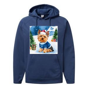 Christmas Yorkshire Terrier Dog Santa Hat In Xmas Snow Performance Fleece Hoodie