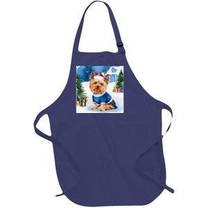 Christmas Yorkshire Terrier Dog Santa Hat In Xmas Snow Full-Length Apron With Pockets